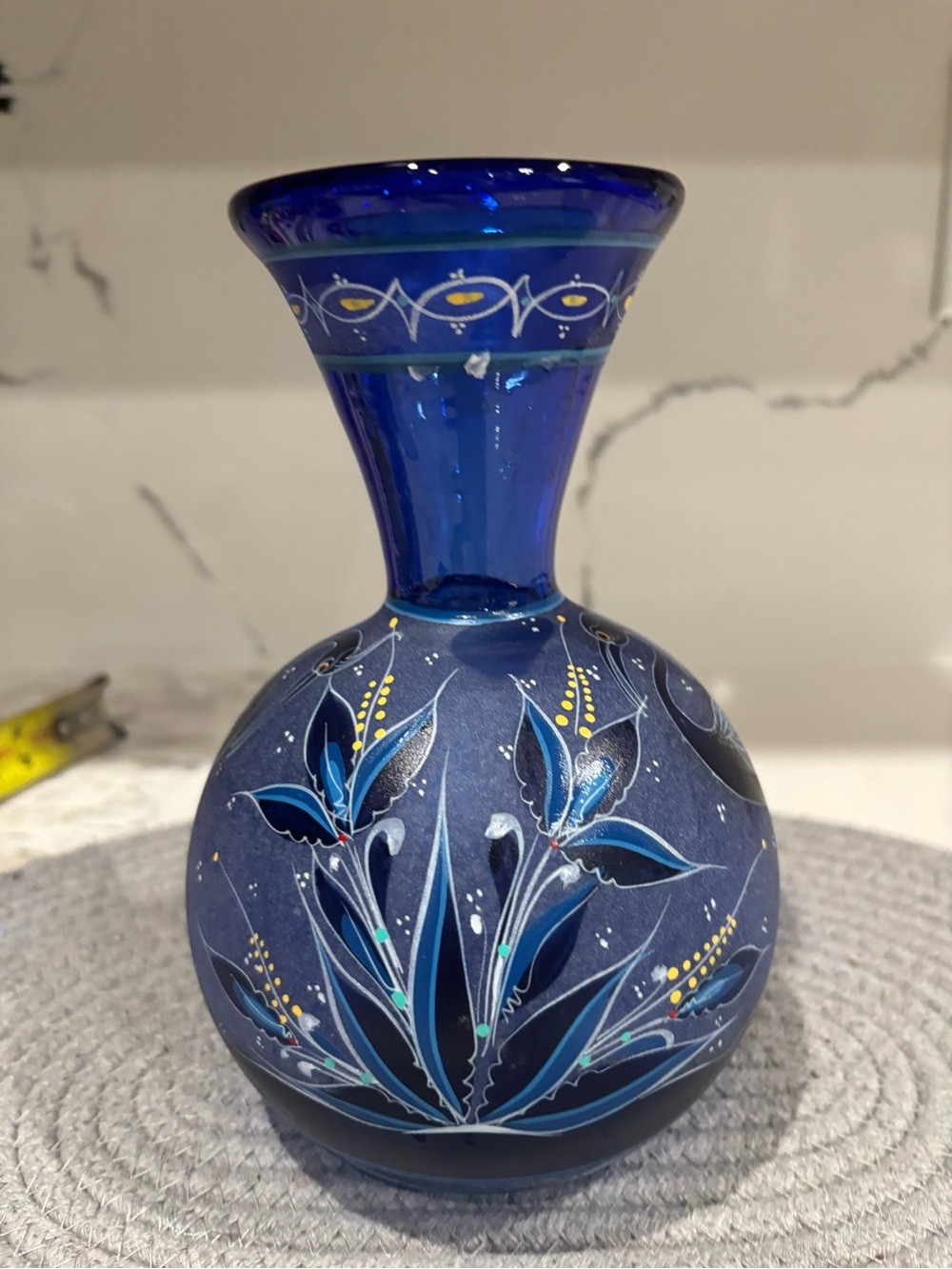 Hand-Painted Blue Floral Glass Vase - Unbranded